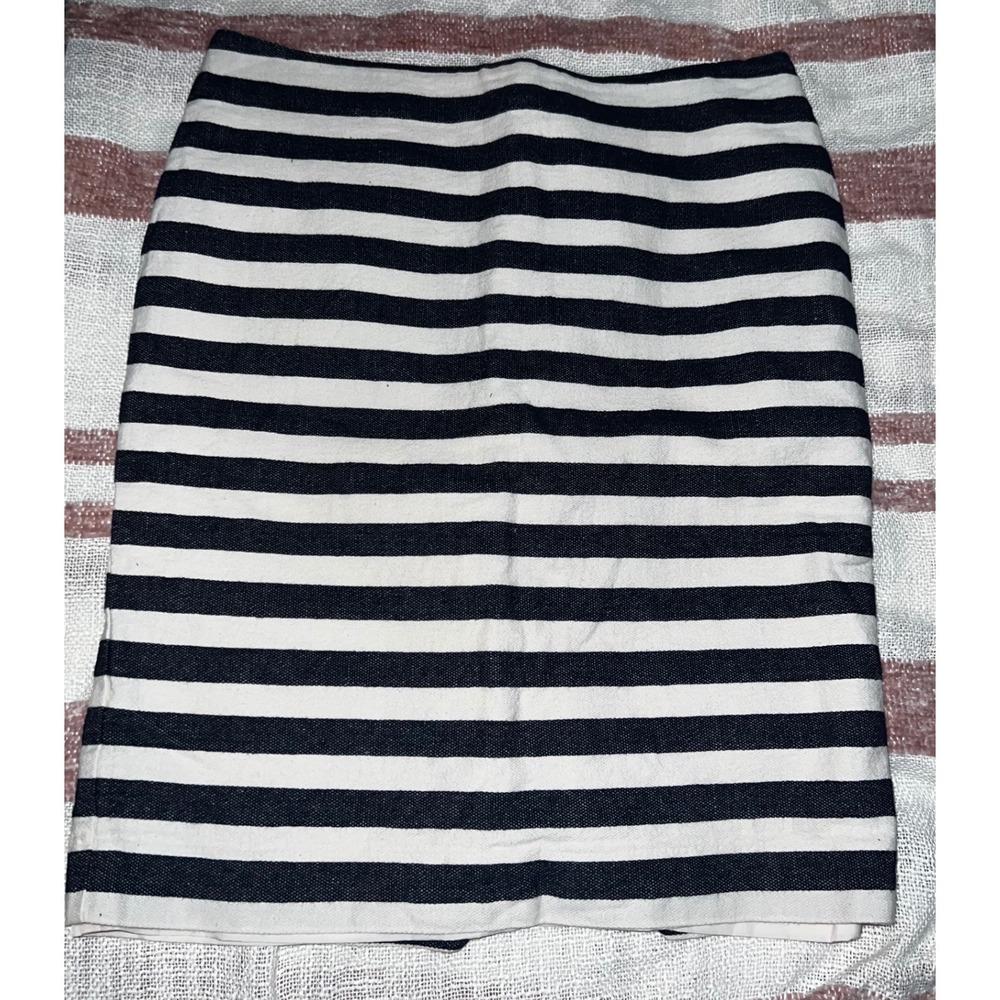 Ann Taylor Pencil Skirt Womens 10 Navy Blue White Striped Cotton Linen Excellent